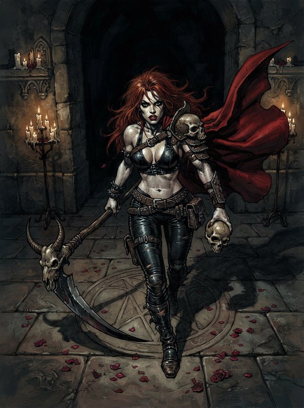Fierce red-haired fantasy warrior holding a scythe and skull walks through a candlelit gothic dun...