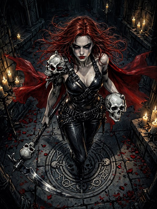Fierce dark fantasy female warrior with wild red hair holds a scythe and skull in a candlelit sto...