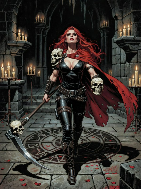 Red haired fantasy warrior holding a skull and scythe stands in a candle lit gothic crypt