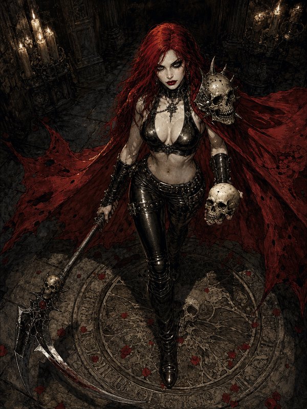 Fierce red-haired gothic warrior holds a scythe and skull while standing in a candlelit crypt