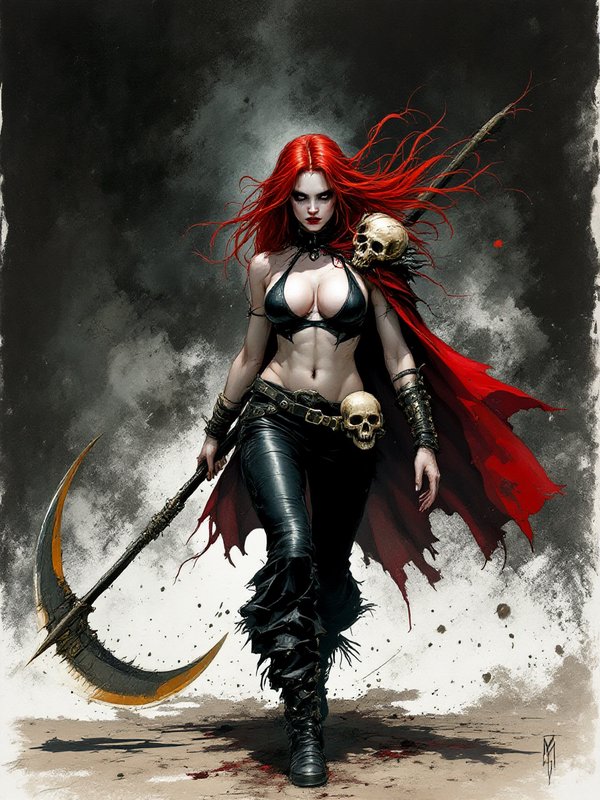 Red-haired female fantasy warrior holding a large scythe walks across a bloodied smoky battlefield