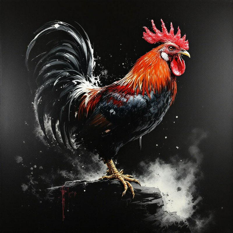Regal illustrated rooster standing on a rocky perch against a dramatic dark black background