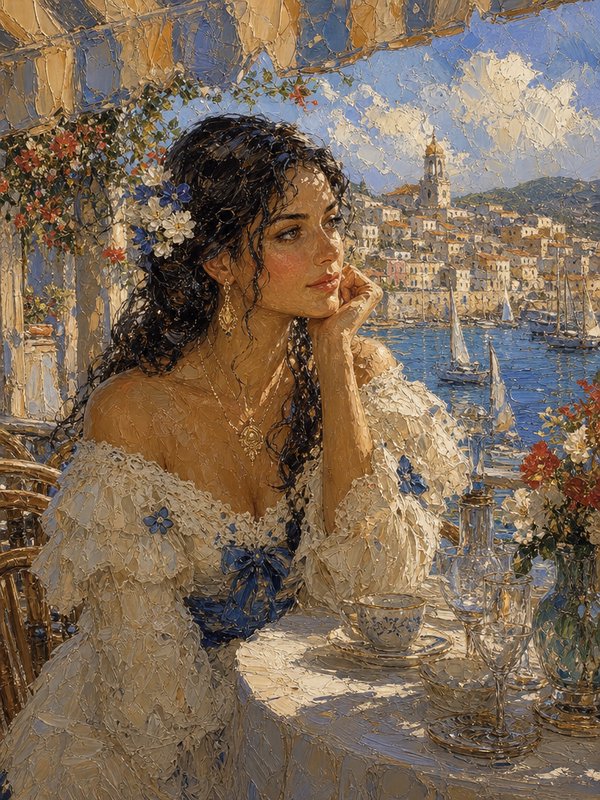 Pensive woman in a lace gown sits at a sunlit terrace overlooking a Mediterranean harbor