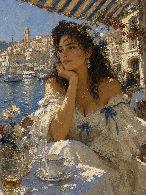 Elegant woman in a lace gown sits at a sunny Mediterranean harbor patio cafe