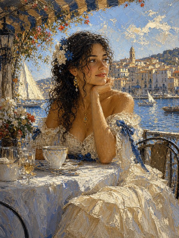 Elegant woman in a lace gown sits at a sunlit Mediterranean waterfront cafe terrace