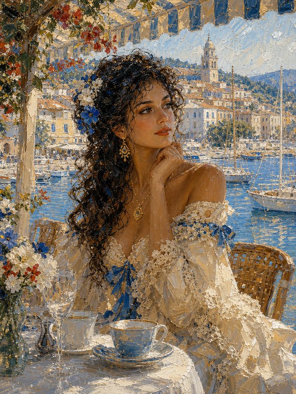 Elegant woman with flower-strewn curly hair sits at a waterfront cafe overlooking a sunlit Medite...