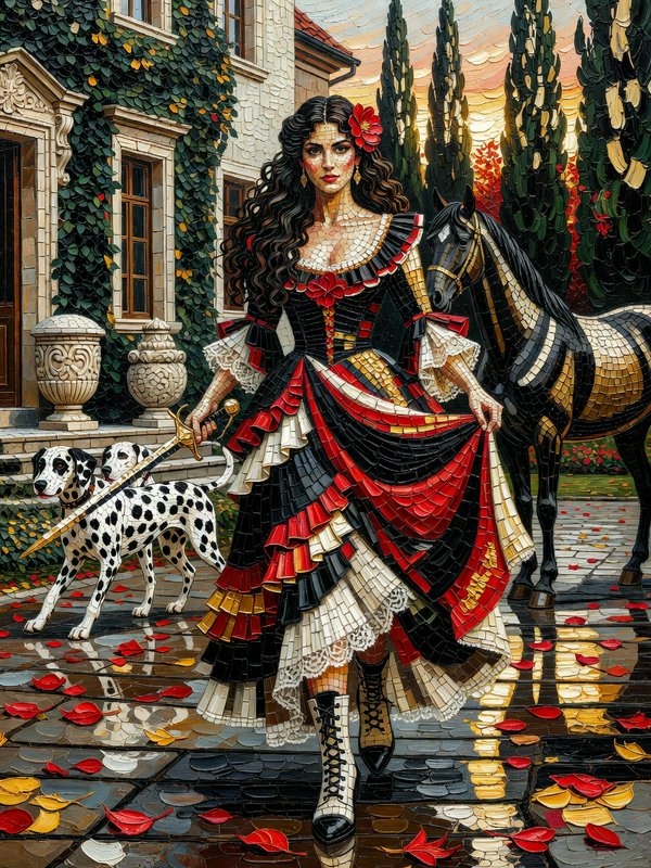 Mosaic art of a noblewoman holding a sword, standing with dalmatians and a horse in a villa court...