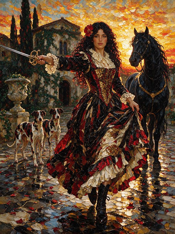 Noblewoman in ornate period dress holds a rapier, standing with a black horse and hounds in a sun...