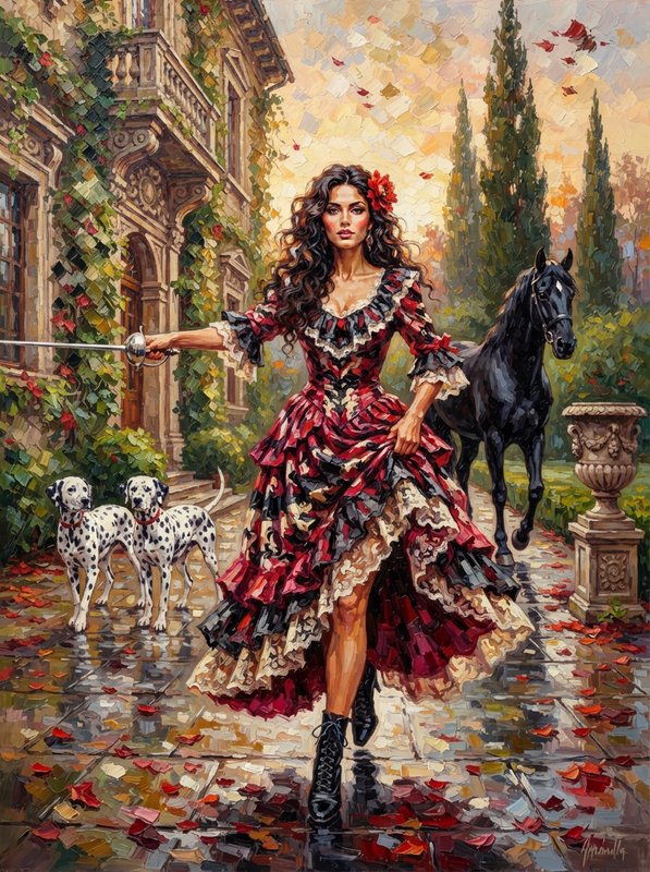 Confident woman in a ruffled red gown holds a rapier, flanked by dalmatians and a black horse on ...