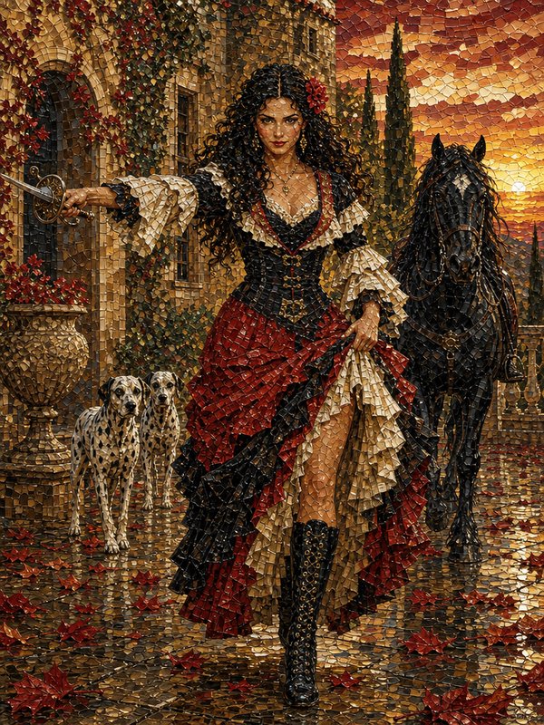 Mosaic art of a swordswoman standing with a horse and dalmatians in a castle courtyard at sunset