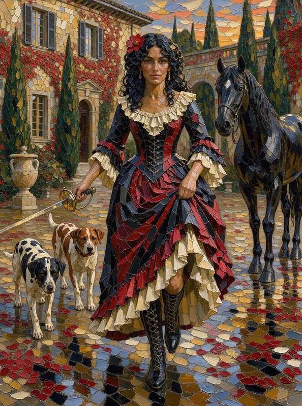 Mosaic style artwork of a noblewoman holding a rapier, standing with hounds and a black horse in ...