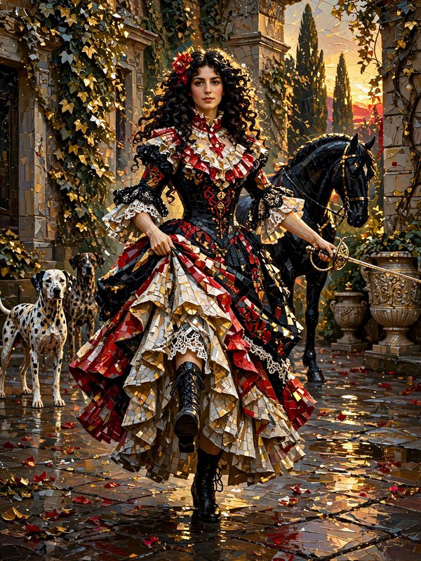 Regal renaissance woman holding a rapier walks with dalmatians and a black horse in a sunlit cast...