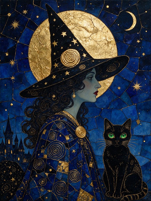 Celestial witch in a starry pointed hat stands beside her black cat familiar under a gilded full ...