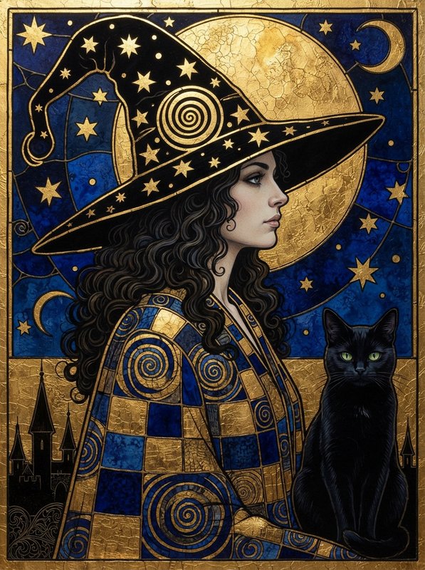 Profile of a star-adorned witch seated beside a black cat against a gilded celestial night sky