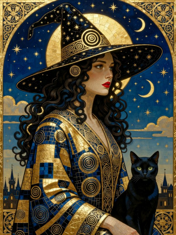 Ornate mosaic portrait of a star-hatted fantasy witch standing beside a black cat under a celesti...