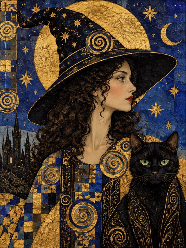Ornate mosaic portrait of a celestial witch with her green-eyed black cat against a starry golden...