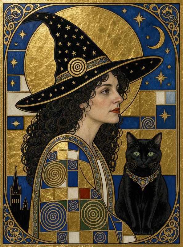 Ornate art nouveau portrait of a star-hatted witch seated beside her black cat familiar against a...