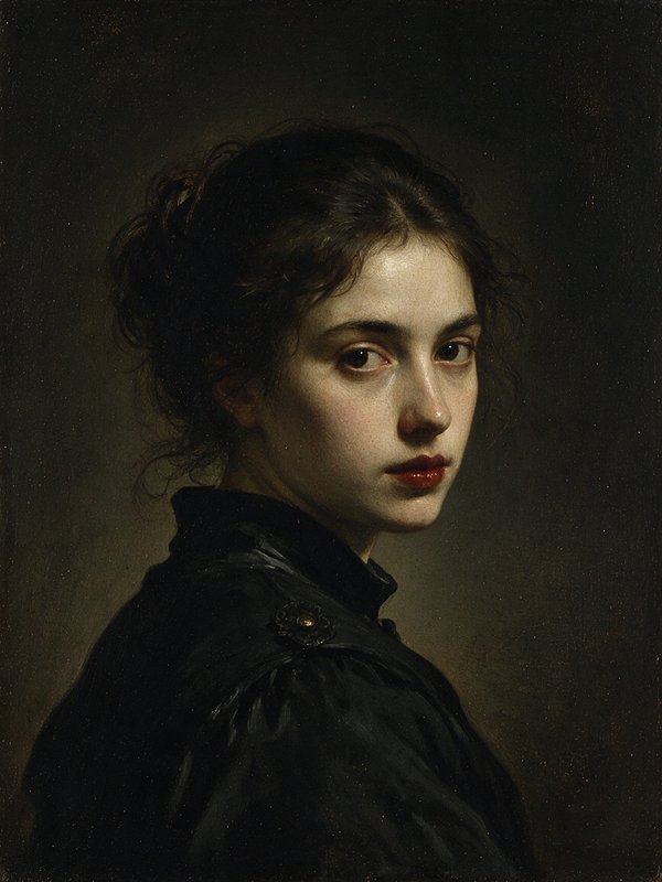 Dramatic old master oil portrait of a young dark-haired woman looking over her shoulder at the vi...