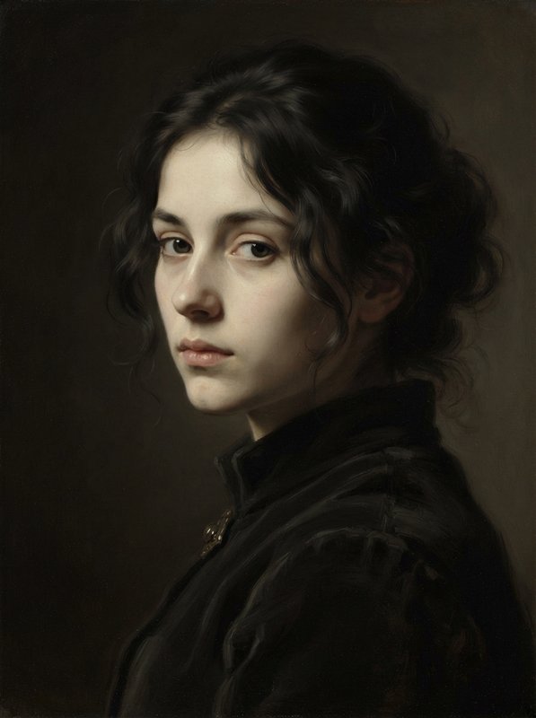 Realist oil portrait of a solemn young dark-haired woman in a black high-collared garment against...