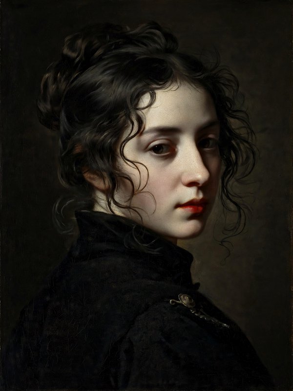 Old master oil portrait of a young dark curly-haired woman gazing over her shoulder at the viewer