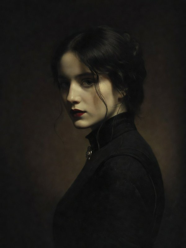 Moody classical portrait of a dark haired woman in a black high collared garment gazing toward th...