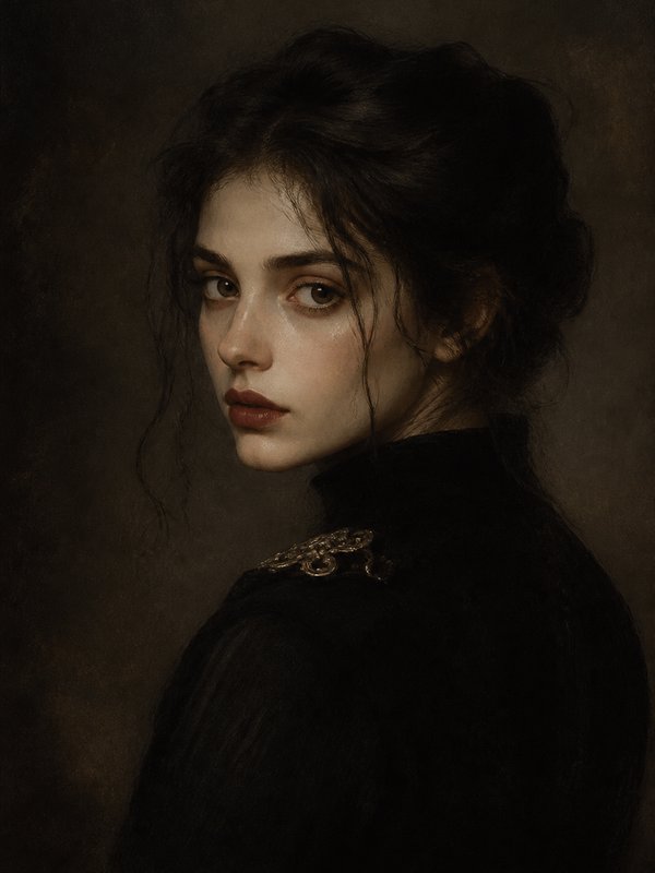 Solemn dark-haired woman in a black high-neck garment looks over her shoulder in a classical port...