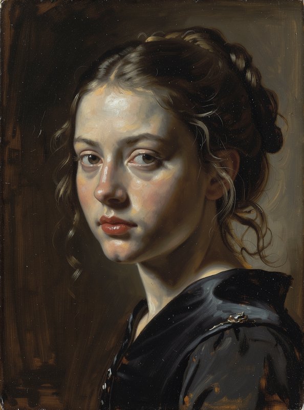 Classical oil portrait of a pensive young woman with curled hair wearing a dark gown against a da...