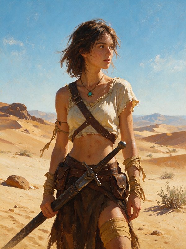 Young rugged female warrior holding a sword stands in a sunlit sandy desert