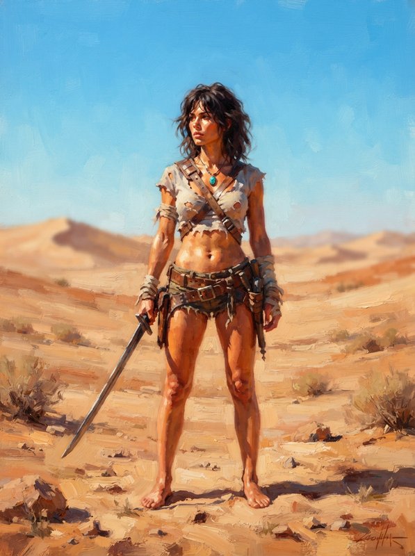 Rugged female warrior holding a sword stands in a sunbaked open desert under a bright blue sky