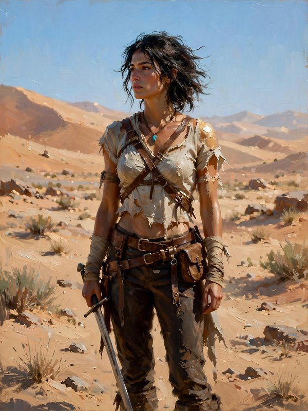 Rugged female warrior holding a sword stands in a sunlit desert dune landscape