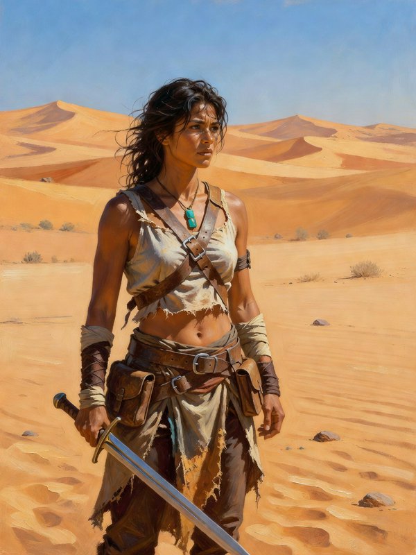 Tough female desert warrior holding a sword stands in sunbaked rolling sand dunes