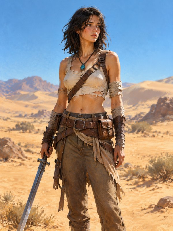 Rugged female desert warrior holds a longsword while standing in a sunlit sandy desert
