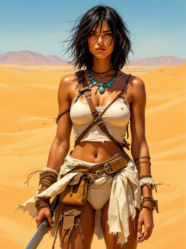 Fierce desert warrior woman holding a sword stands in golden sand dunes under a clear sunny sky