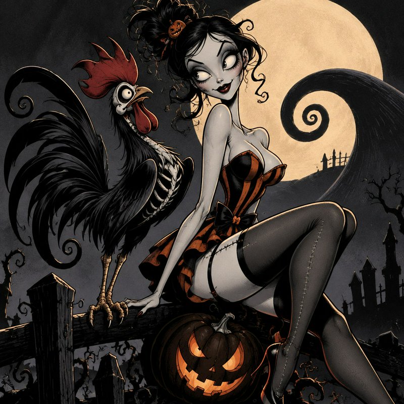 Stylized gothic Halloween woman sits on a fence beside a skeletal rooster under a glowing full moon
