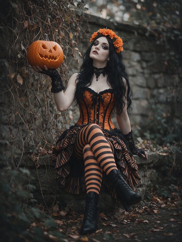 Gothic Halloween woman holding a carved jack-o-lantern sits on an overgrown weathered stone wall
