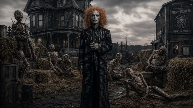 Pale curly red-haired horror figure stands surrounded by emaciated undead outside a gloomy Victorian haunted property