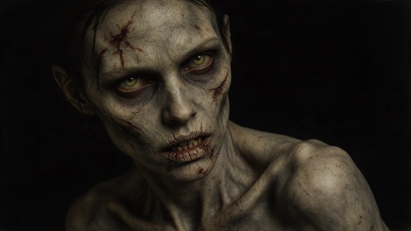 Close-up portrait of a gaunt scarred undead zombie staring directly at the viewer against a dark black background
