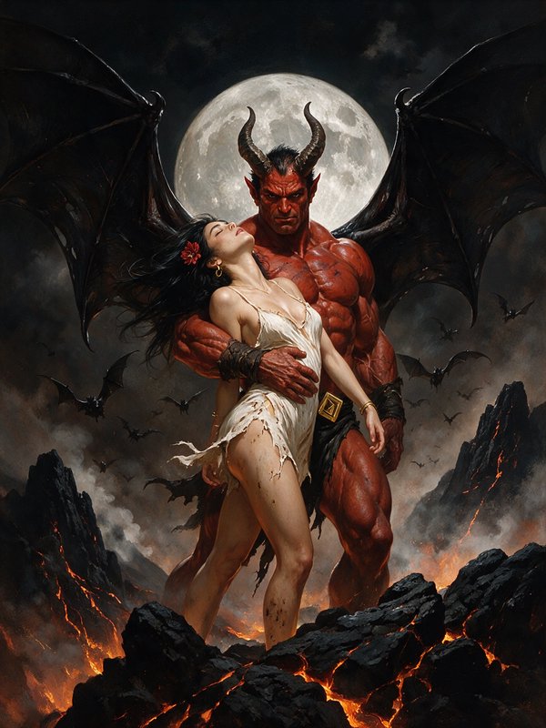 Red horned bat-winged demon embraces a woman atop volcanic rocks under a glowing full moon