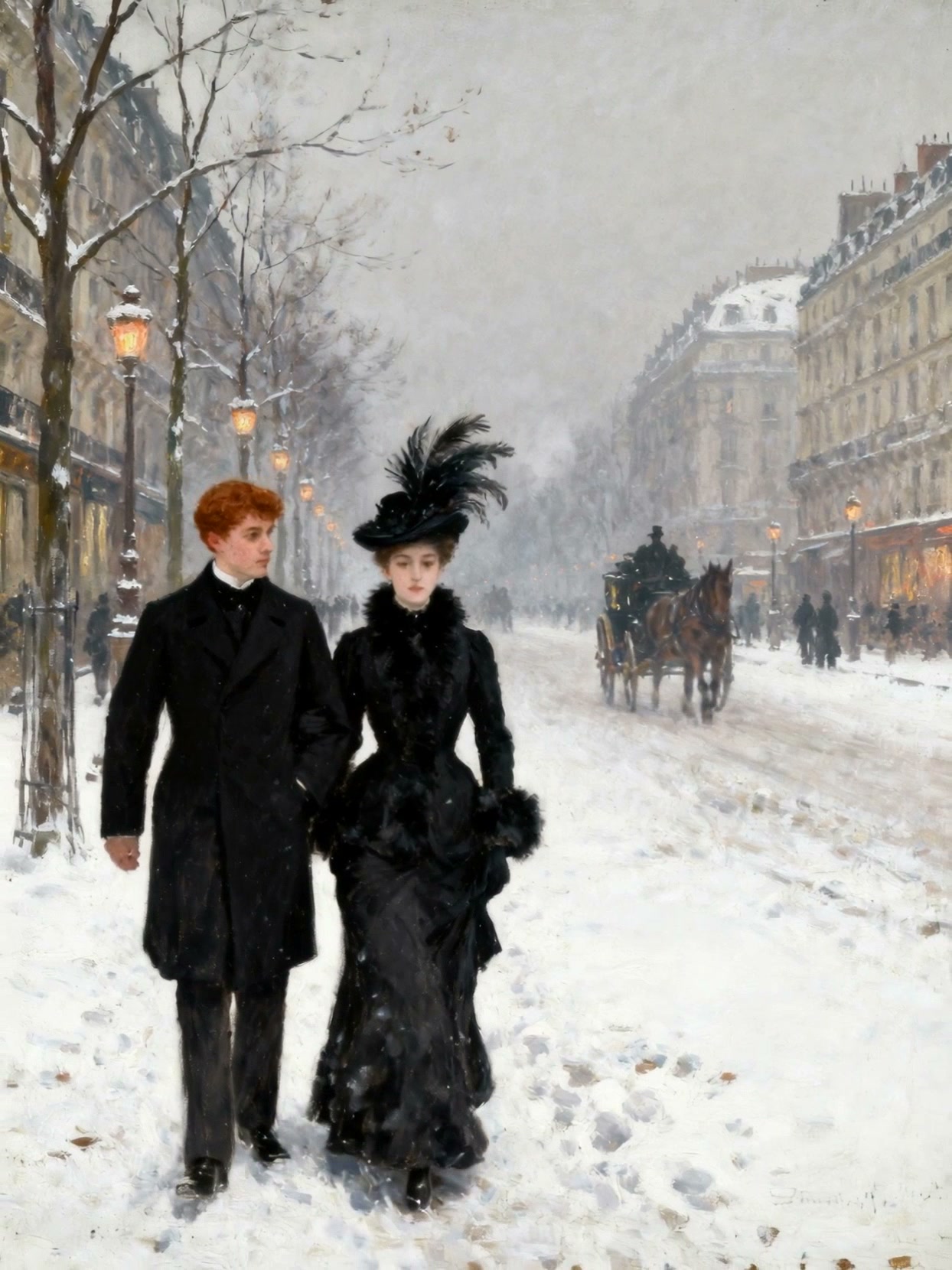 Couple in formal black attire walking in a snowy Parisian street with horse-drawn carriage in the...