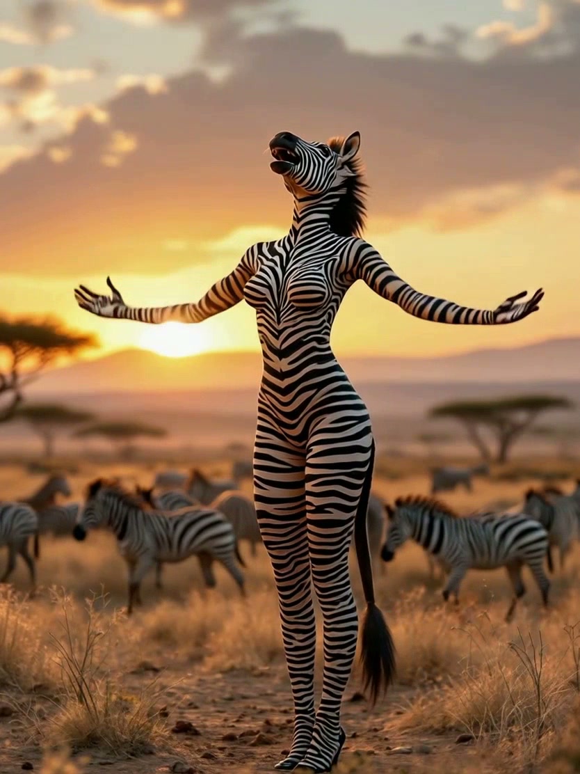 Person in a zebra-costume suit with arms outstretched at sunset on the savannah, herd of zebras i...