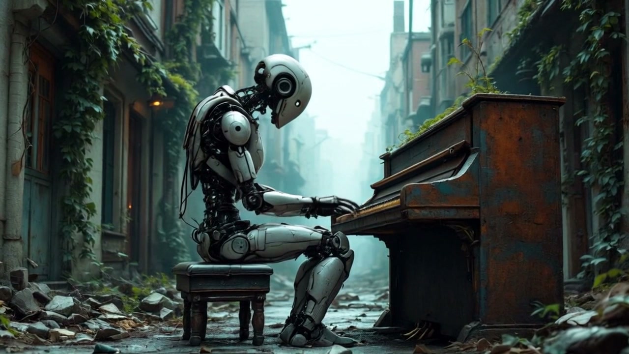 Silver humanoid robot playing a rusted upright piano in a ruined urban alley.