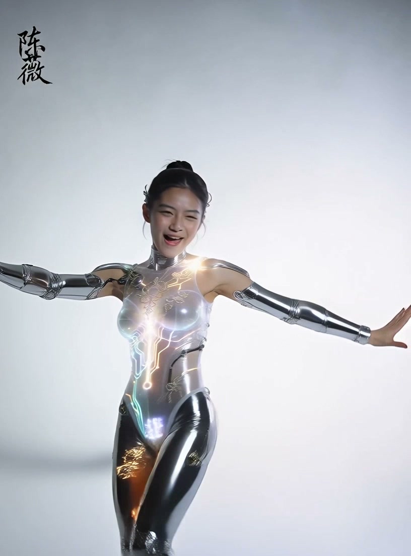 Woman in a silver futuristic bodysuit with glowing circuit patterns, arms outstretched.