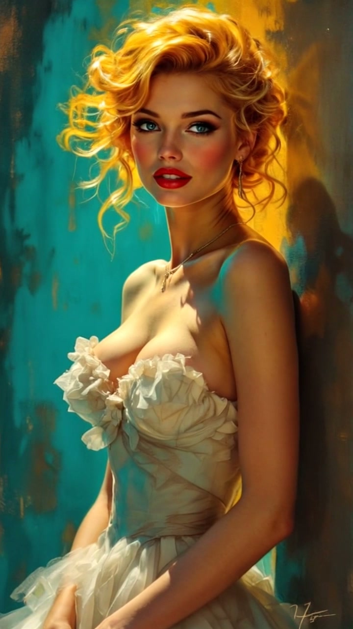 Portrait of a blonde woman in a white ruffled dress leaning against a colorful mural