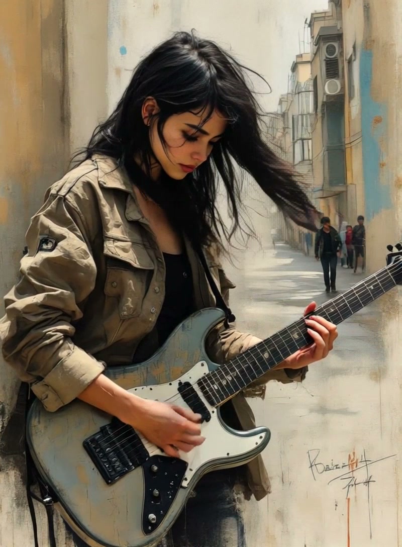 Woman with a worn electric guitar in a narrow urban alley, wearing a khaki jacket.