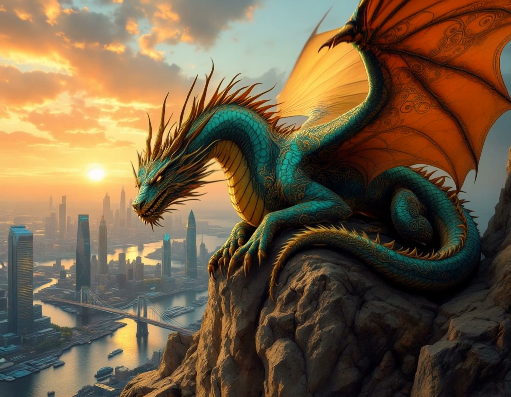 Azure dragon with teal scales and orange wings perched on a rocky cliff above a sunset-lit futuri...