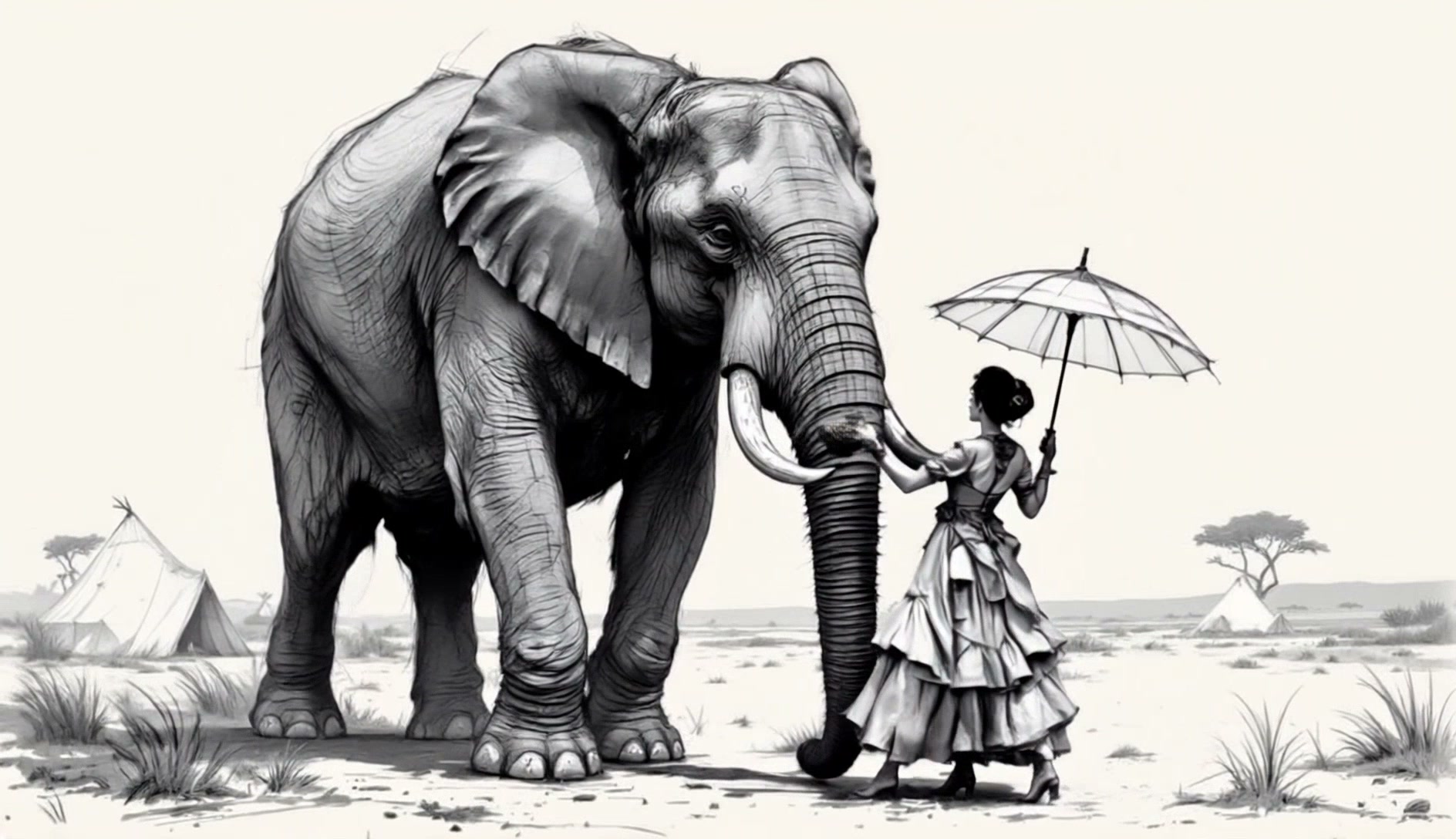 Vintage illustration of a woman in a gown with an umbrella touching a large elephant in a savanna...