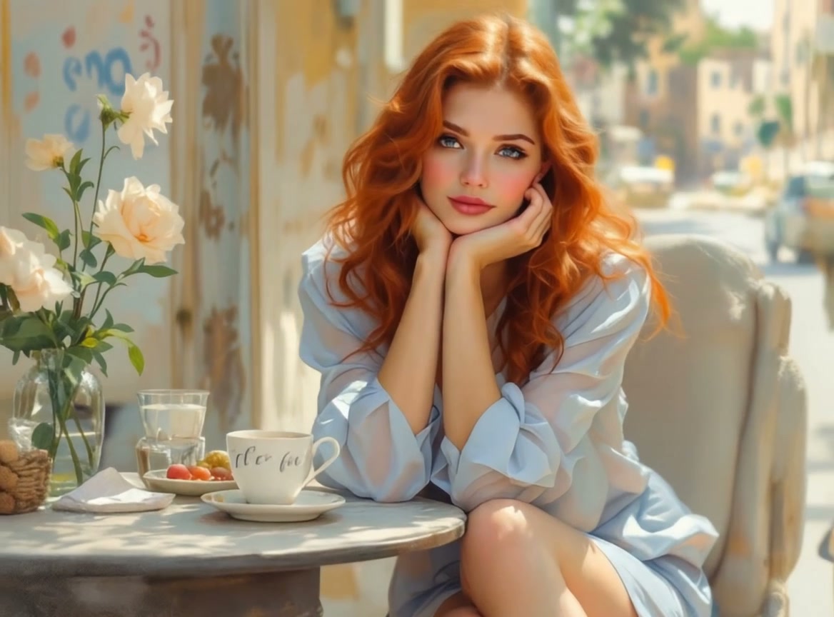 Red-haired woman in a light blue dress at an outdoor cafe with flowers and coffee.