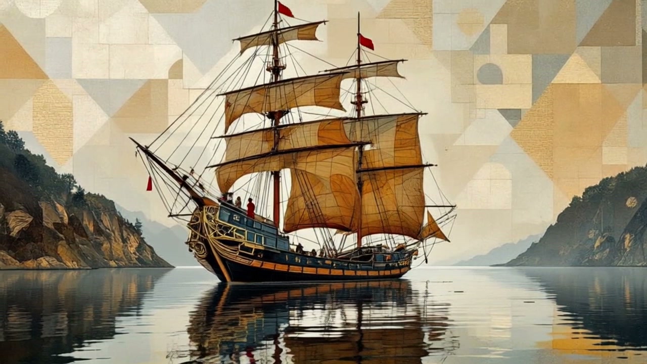 Historic sailing ship with brown sails gliding on calm waters between cliffs.