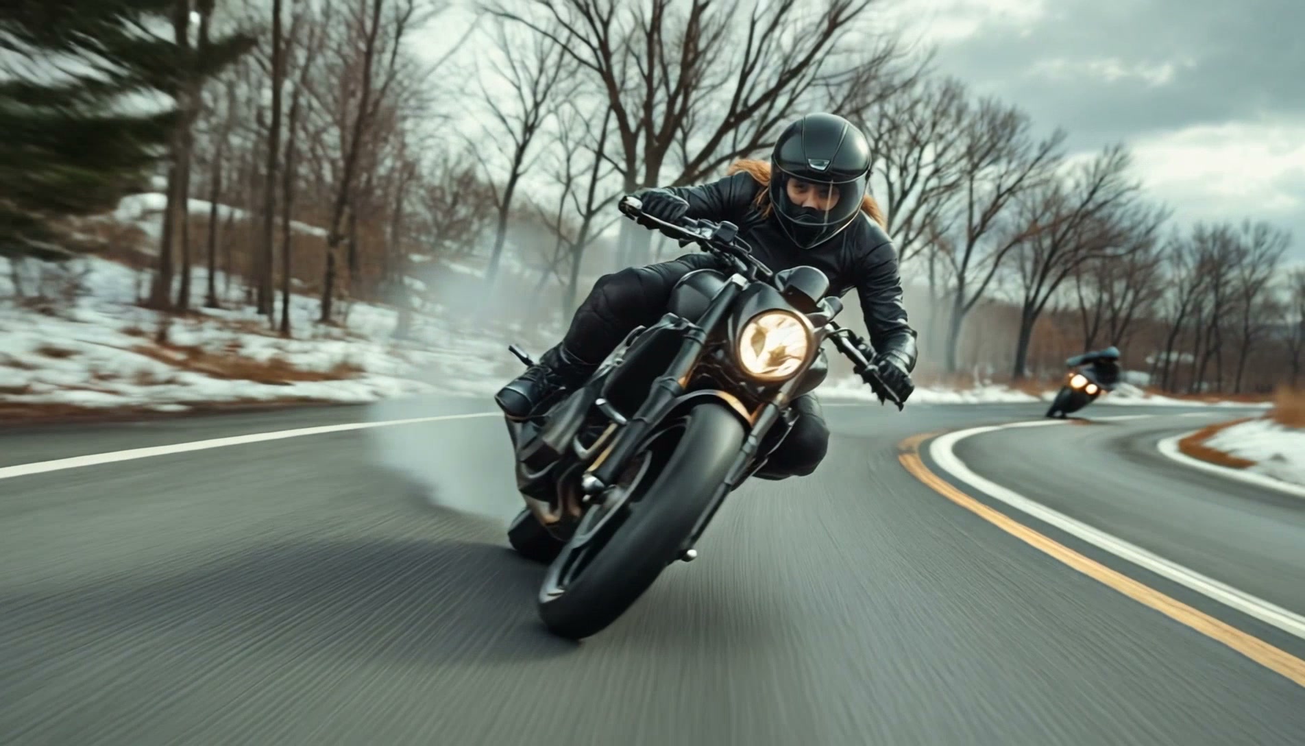 Motorcycle rider in black gear leaning into a sharp turn on a snowy, winding road.