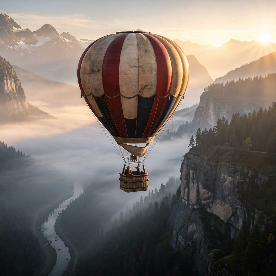 Vintage striped hot air balloon floats above a misty alpine river valley at golden sunrise